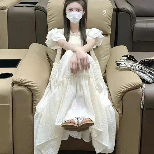 法式复古长裙女夏季新款宽松显瘦设计感小飞袖奶杏色气质连衣裙子