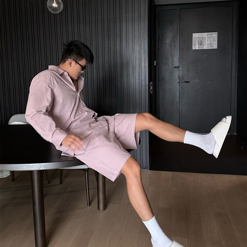 光膀子哥【粉色的夏日】夏季薄款宽松休闲长袖衬衫套装五分短裤男