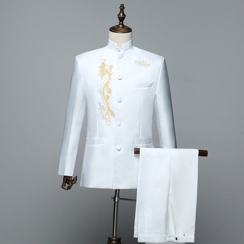 刺绣白色中山装演出服男士歌手主持人礼服成人大合唱舞台表演服装