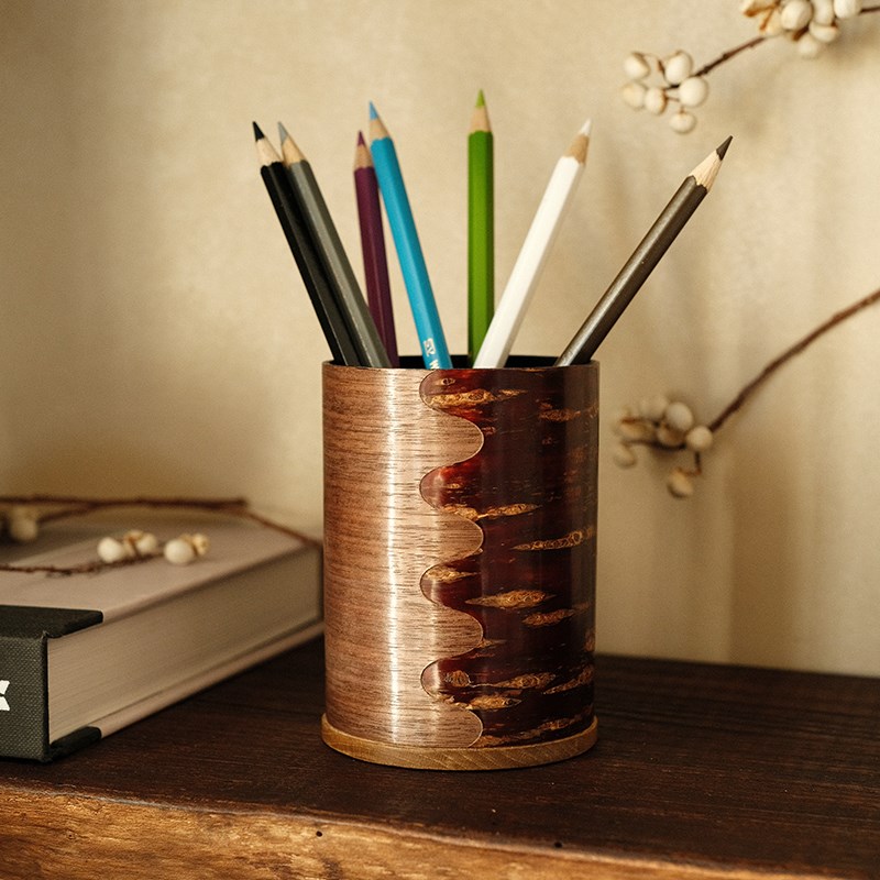 桦细工实木制笔筒轻奢高级感大容量化妆刷收纳神器办公室桌面收纳