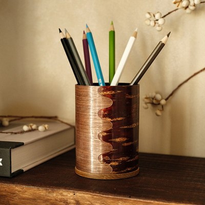 桦细工实木制笔筒轻奢高级感大容量化妆刷收纳神器办公室桌面收纳