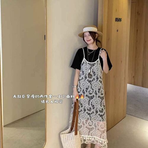 2025年夏季新款蕾丝吊带连衣裙+短袖T恤裙两件套女氛围感显瘦穿搭