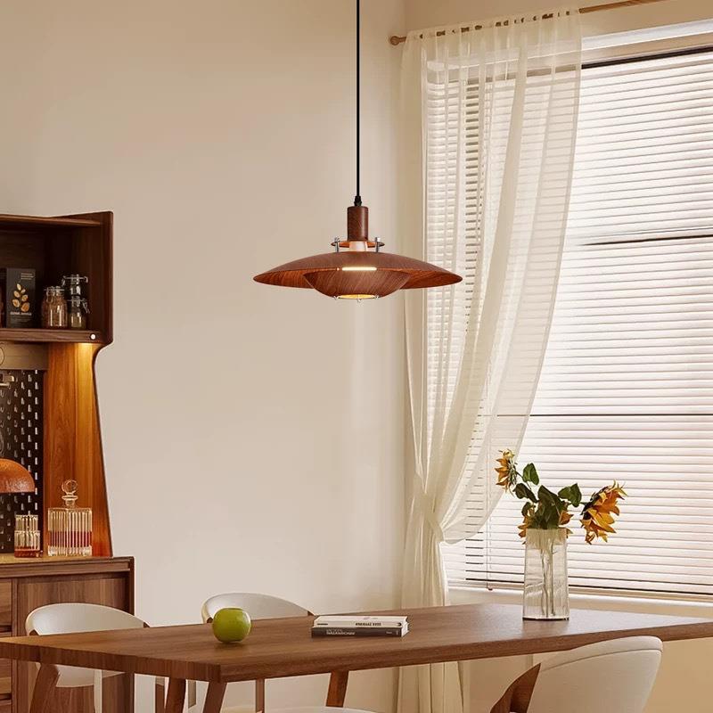 中古风胡桃木纹餐厅吊灯日式侘寂风餐桌吧台灯创意飞碟护眼饭桌灯