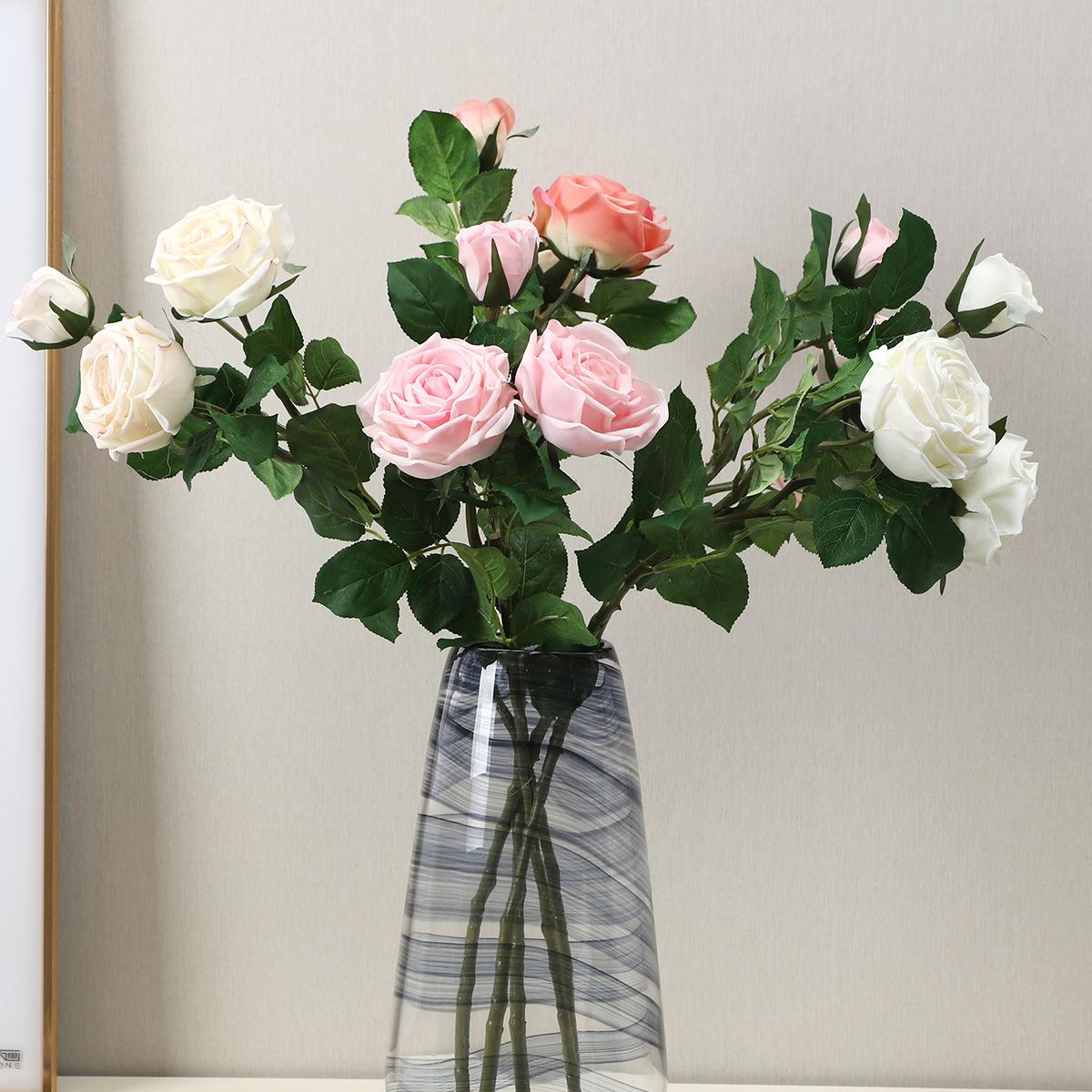 兰桂坊仿真3头手感保湿甜心玫瑰花 家居客厅装饰盆栽假花仿真玫瑰