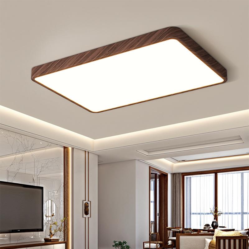 胡桃木色LED吸顶灯新中式客厅灯大厅灯长方形中古风主卧室房间灯
