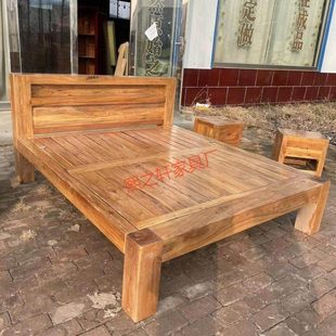 北方老榆木床储物床全实木床单双人床白坯卯榫民宿宿舍卧室现婚床