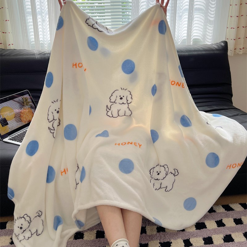 少女心卡通波点小狗毛毯午休毯盖毯牛奶K绒珊瑚绒毯子卧室沙发毯
