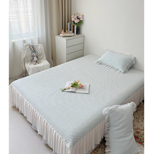 夏季少女心凉感空调软席子三件套可机洗折叠式冰丝凉席蕾丝公主风