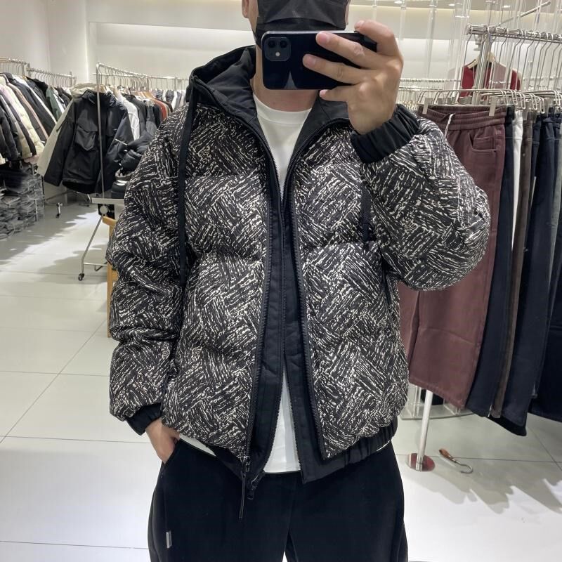 潮牌设计感撞色印花加厚假两件连帽羽绒服男冬季保暖防寒呢子外套
