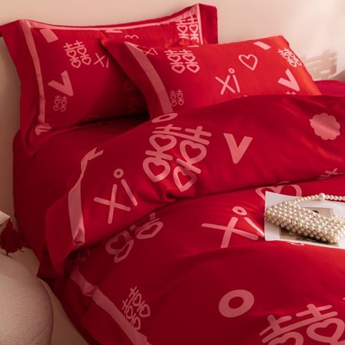高档中式结婚四件套大红色陪嫁床单被套纯棉婚庆床上用品婚房喜被