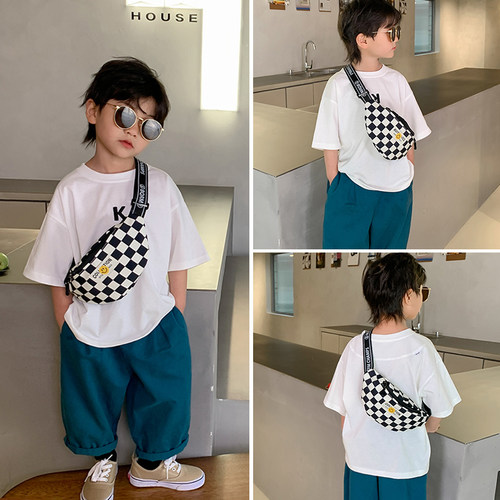 男童胸包新款棋盘格小挎包外出小宝宝单肩斜挎包时尚百搭儿童腰包