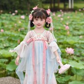 改良中国风仙女襦裙半袖 女童汉服夏季 古风连衣裙宝宝荷叶短袖 唐代