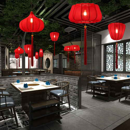 新中式红色灯笼小吊灯 饭店餐厅仿古灯饰 禅意复古中国风餐馆灯具