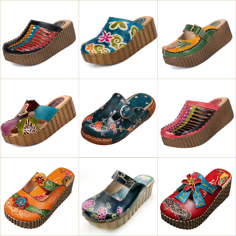2021夏季新款女式休闲凉拖花朵民族风女鞋厚底松糕鞋真皮包头拖鞋