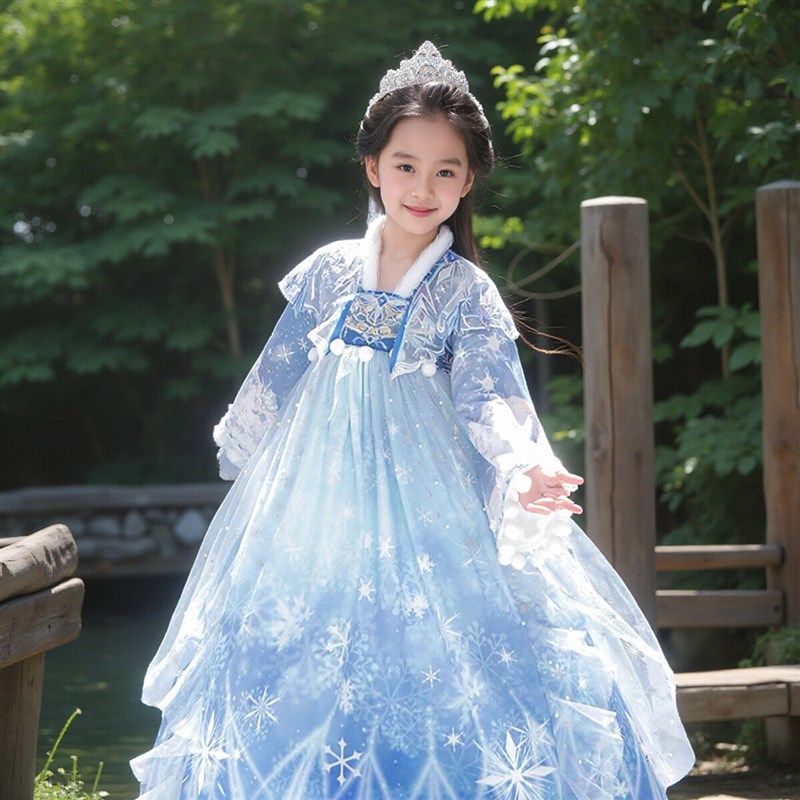 女童汉服儿童冬季加绒斗篷襦裙唐朝古装公主蓝色冰雪加厚拜年日常