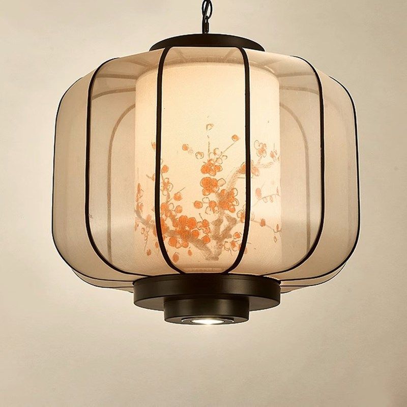 中式禅意手绘圆形吊灯复古典雅餐厅卡座茶室民宿中国风布艺灯笼,家装灯饰光源,客厅吊灯,淘宝优惠券,粉丝福利购,淘宝优惠卷