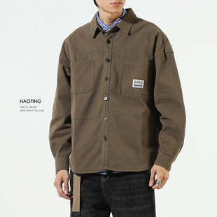 男春秋日系潮流百搭休闲宽松衬衣男加绒外套 衬衫 2021秋冬新款 长袖