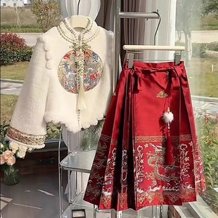 女童冬装新品龙凤呈祥中国风上衣马面裙套装加绒汉服儿童拜年服