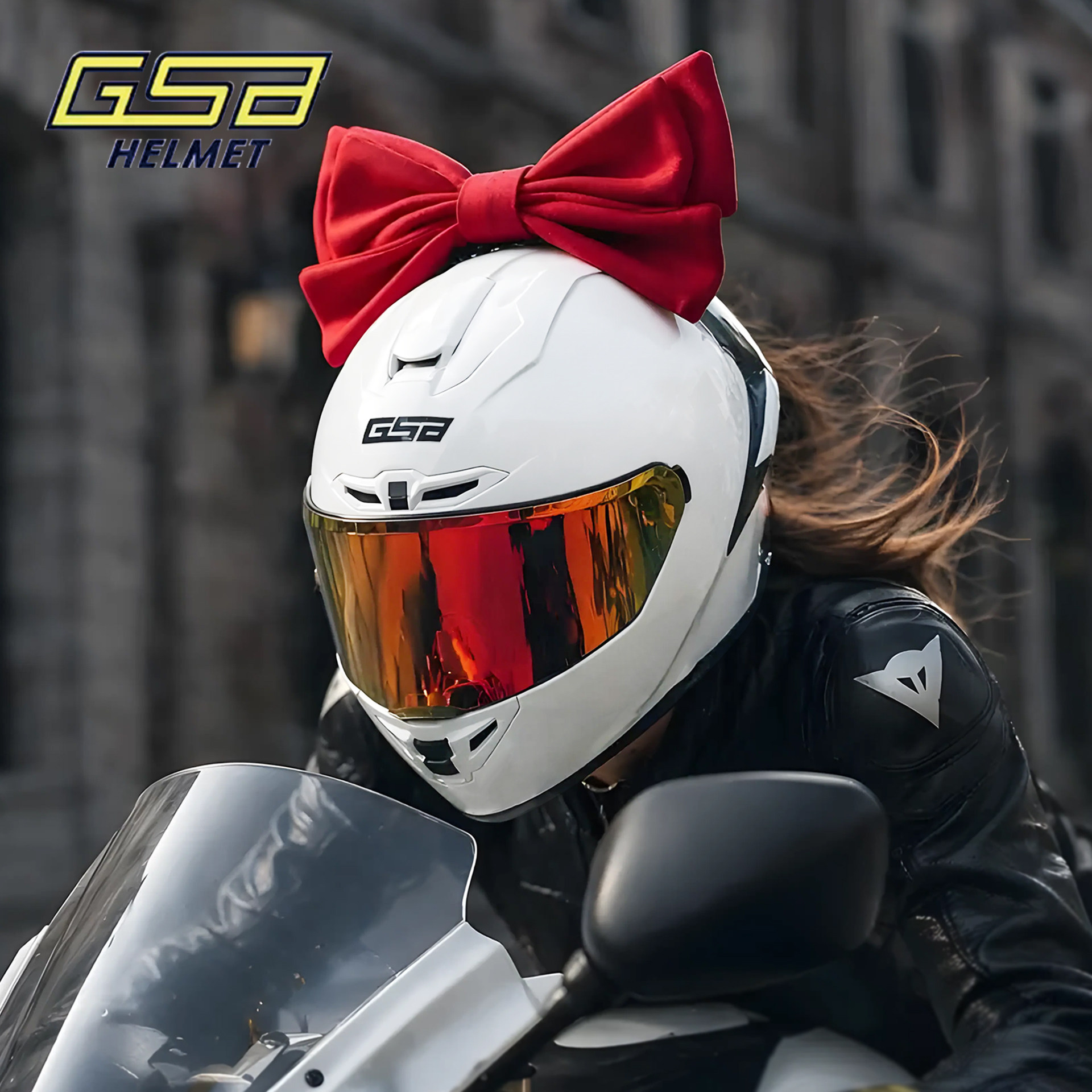 gsb摩托车头盔361gt女白色蝴蝶结机车四季通用3C认证可爱骑行全盔