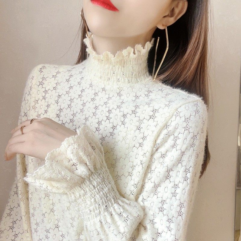 花边高领磨毛加绒蕾丝打底衫女秋冬洋气内搭加厚柔软喇叭袖上衣女,女装/女士精品,蕾丝衫/雪纺衫,淘宝优惠券,粉丝福利购,淘宝优惠卷