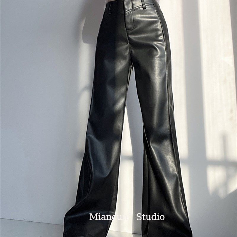 拽姐公式暗黑风宽松直筒长裤女休闲显瘦黑色阔腿裤机车拼接PU皮裤,女装/女士精品,休闲裤,淘宝优惠券,粉丝福利购,淘宝优惠卷