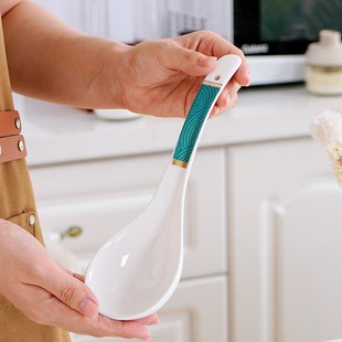 轻奢骨瓷大d汤勺子家用浮雕金边汤勺陶瓷长柄勺大号盛汤勺盛稀饭