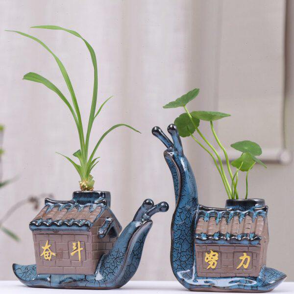 水培花瓶鲜花创意蜗牛水养花盆铜钱草绿萝古典插花桌面装饰摆件器