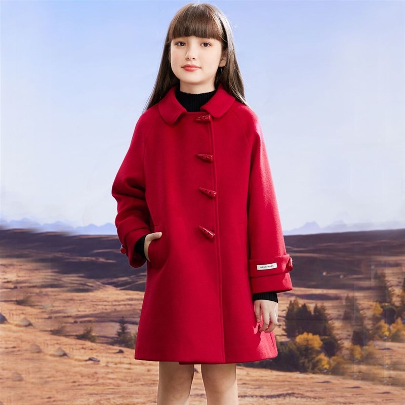 女童呢子大衣中长款牛角扣秋季2023新款小女孩红色毛W呢外套洋气