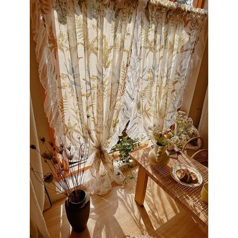 美式复古窗纱帘飘窗成品窗帘阳台客厅田园免打孔绿植荷叶边落地纱