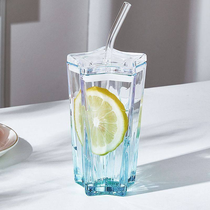 吸管杯ins高颜值五角星玻璃杯彩色渐变冷饮杯子带盖咖啡杯喝水,餐饮具,玻璃杯,淘宝优惠券,粉丝福利购,淘宝优惠卷