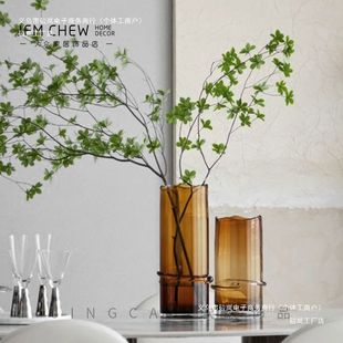 插花套装干枝日本样板房花器创意咖现代轻奢直筒玻璃花瓶吊钟