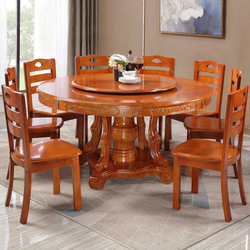 实木餐桌中式大圆桌带转盘吃饭桌子家用10人圆台饭店餐桌椅组合