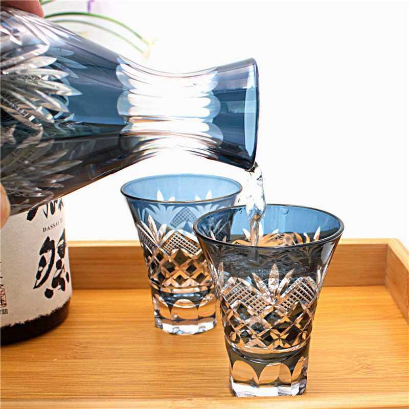 日式清酒壶清酒杯手工刻花玻璃分酒器日本江户切子工艺一壶二杯