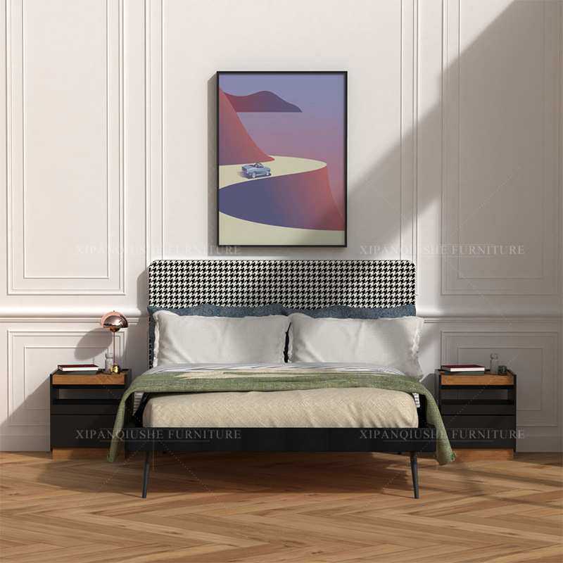 北欧简约现代布艺床1.8米1.5双人床高脚床薄床头小户型千鸟格布