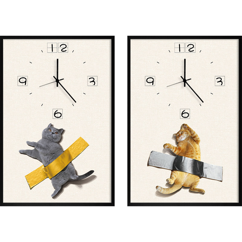 北欧猫咪狗狗电表箱装饰画带钟表配电箱竖款免打孔挂钟遮挡箱挂画