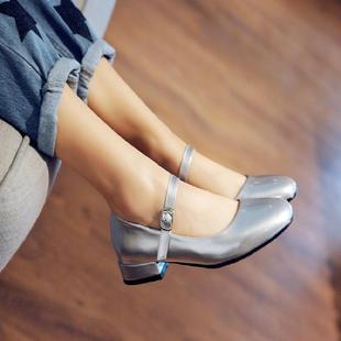 春秋新款休闲浅口平底鞋少女小皮鞋初中学生银色黑色表演鞋子