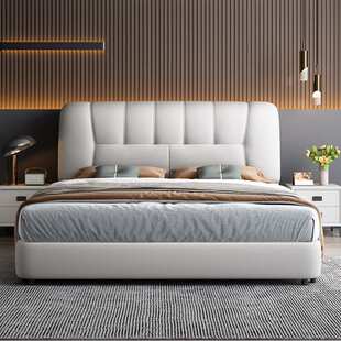 奶油风皮床薄床头床意式极简小户型现代简约双人床三抽储物落地床
