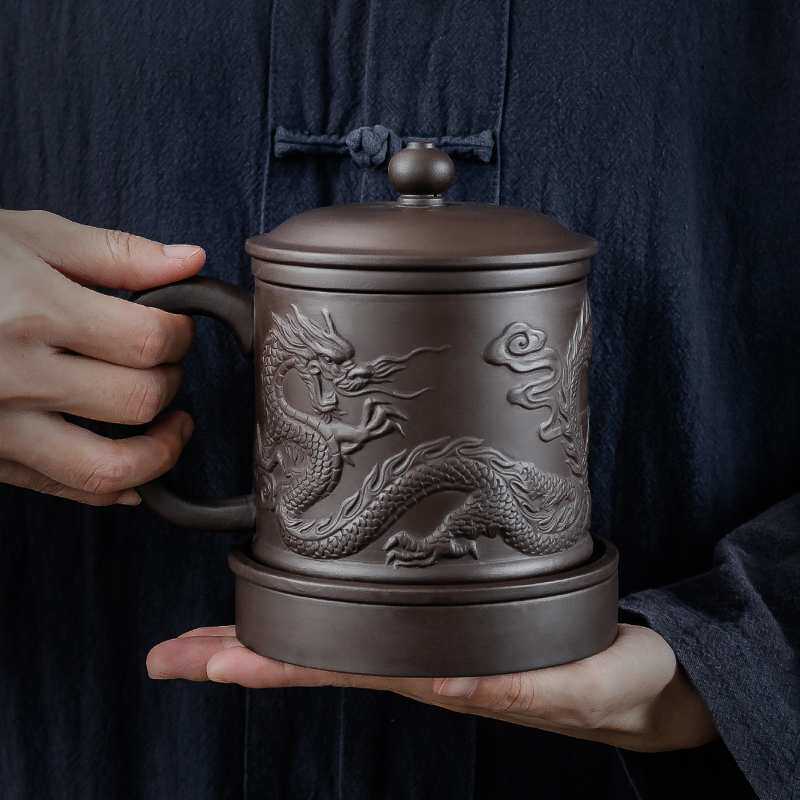 宜兴紫砂杯浮雕龙男士茶杯内胆过滤办公茶杯茶水分离刻字老板茶杯