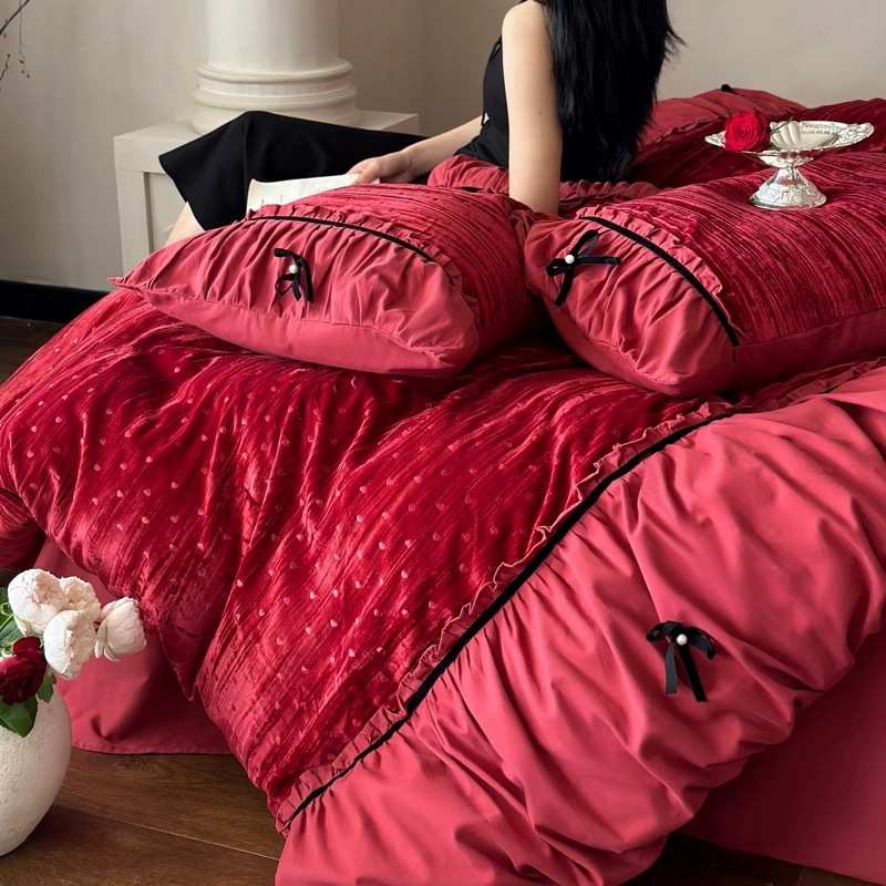 秋冬法式婚庆丝绒四件套结婚120s全棉磨毛蝴蝶结保暖加厚红色套件