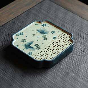 青花火石红创意陶瓷壶承手绘蝶影四方全瓷储水干泡台托盘茶盘
