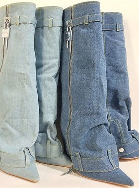 春秋细跟尖头蓝色牛仔布高筒靴高跟裤管靴锁扣长靴一脚蹬大码女鞋