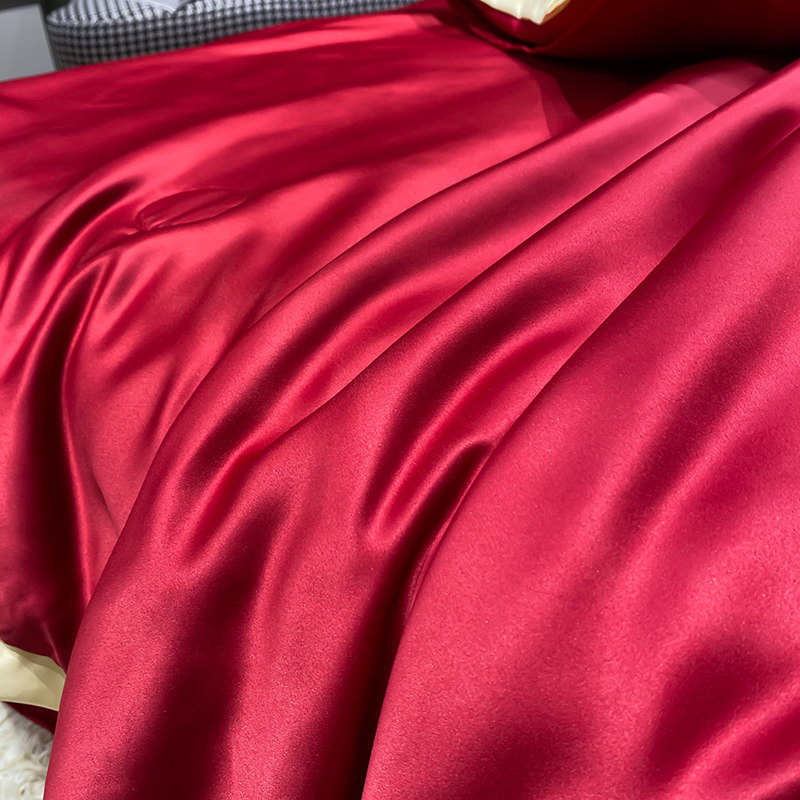 夏季纯色冰丝床单单件大红色床罩刺绣被单2J30x250结婚睡单三件套