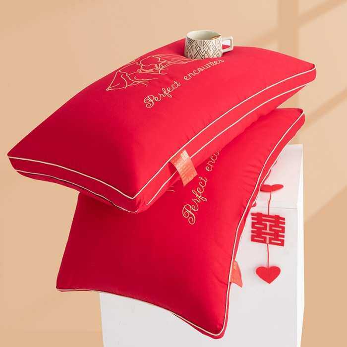 全棉绣花贡缎高端婚庆羽丝绒枕芯中国风喜庆结婚陪嫁单人枕头