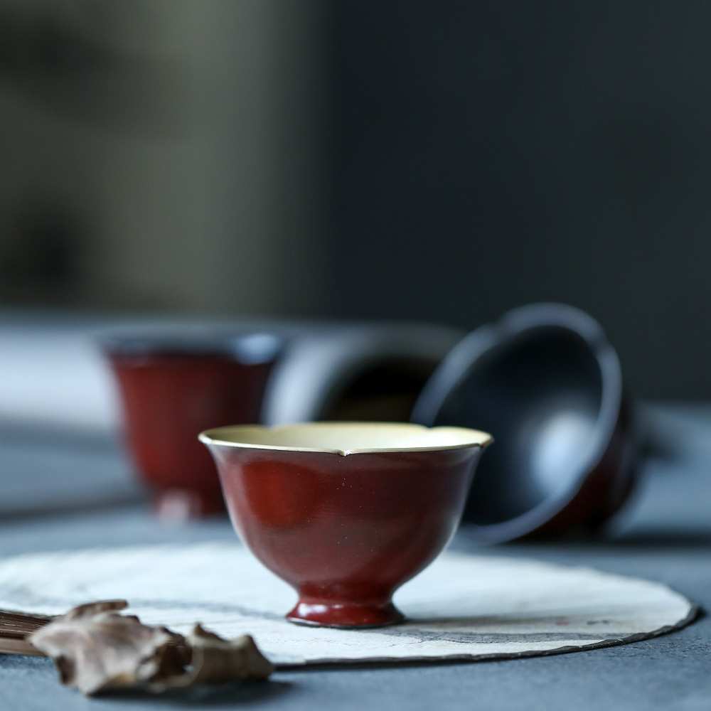 仿古泥故宫红手绘釉杯手刻花口纹理薄胎仿古工艺豇豆红陶瓷玉兰杯