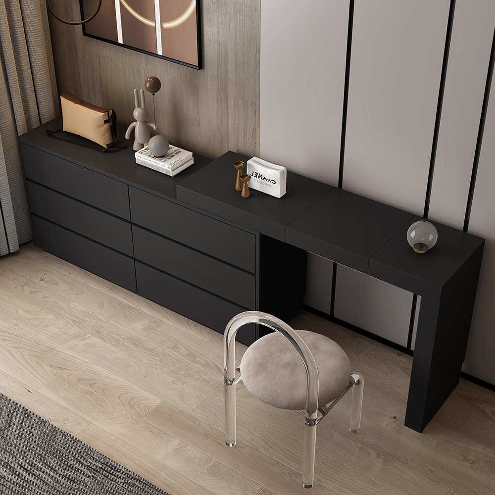现代简约黑色复古实木翻盖梳妆台卧室斗柜组合收纳一体伸缩化妆桌