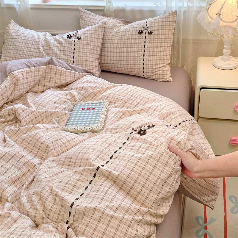 A类木棉双层纱格子蕾丝花边四件套2025新款床单被套被罩床品套件