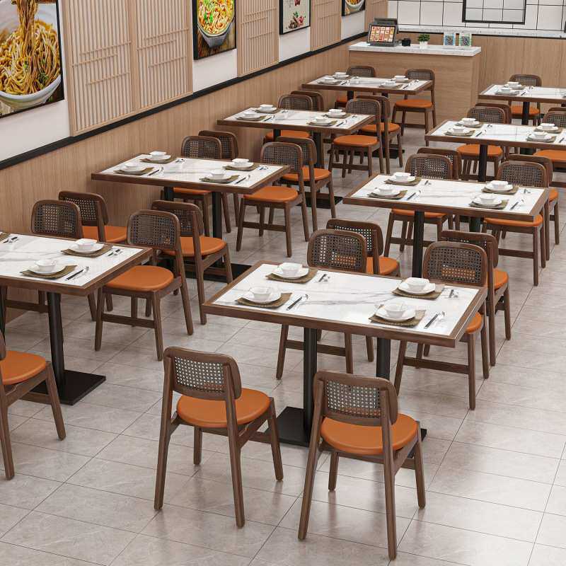 商用实木岩板快餐桌小吃馆烧烤店奶茶早点餐饮饭店餐桌椅组合代发