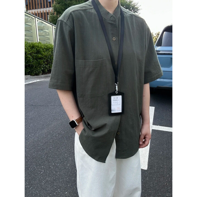 竹节棉褶皱肌理立领短袖衬衫男款夏季轻熟风高级感新中式白色衬衣