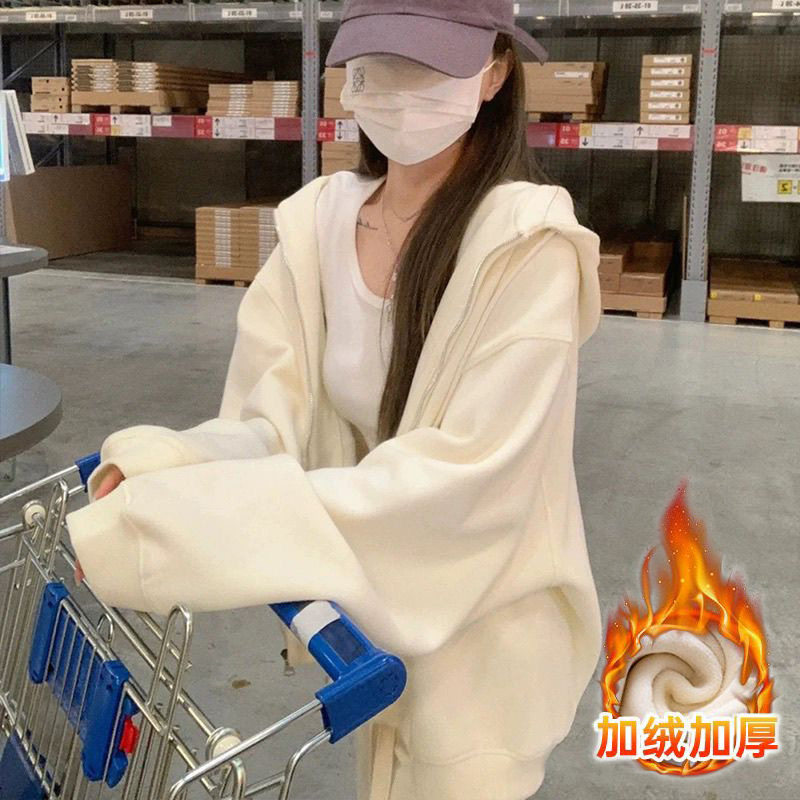 拉链卫衣外套女加绒加厚秋冬连帽开衫新款学生大码宽松百搭上衣潮