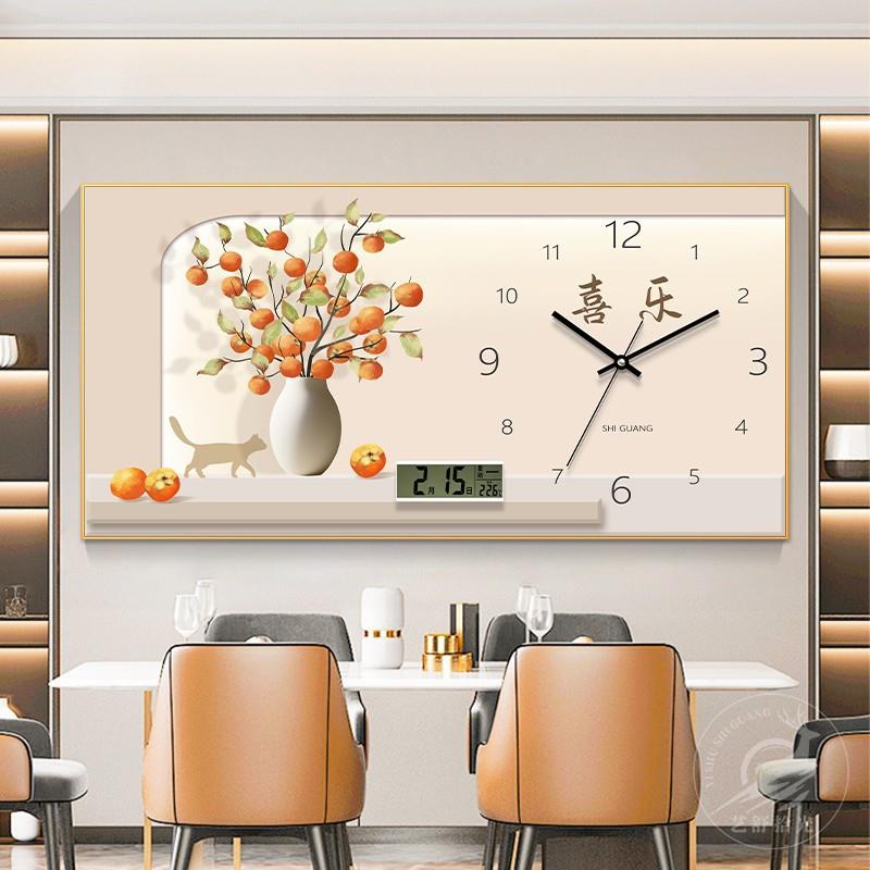 万年历电子钟餐厅装饰画新中式带钟表静音时间挂画寓意好客厅壁画